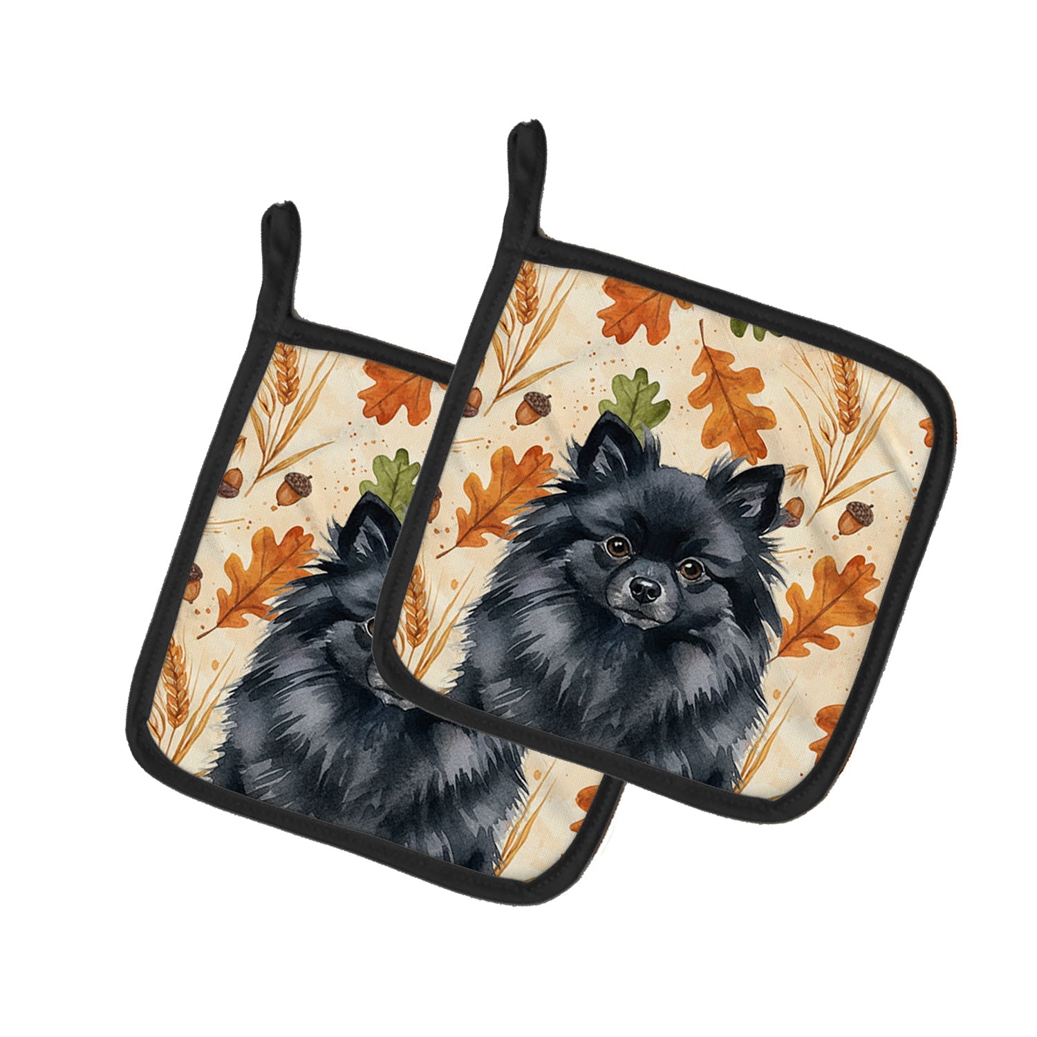 Black Pomeranian Heirloom Fall Pot Holder Set of 2 Heat Resistant Quilted Hot Pads 7.5 x 7.5 Inch, Insulated Kitchen Trivets for Cooking & Baking