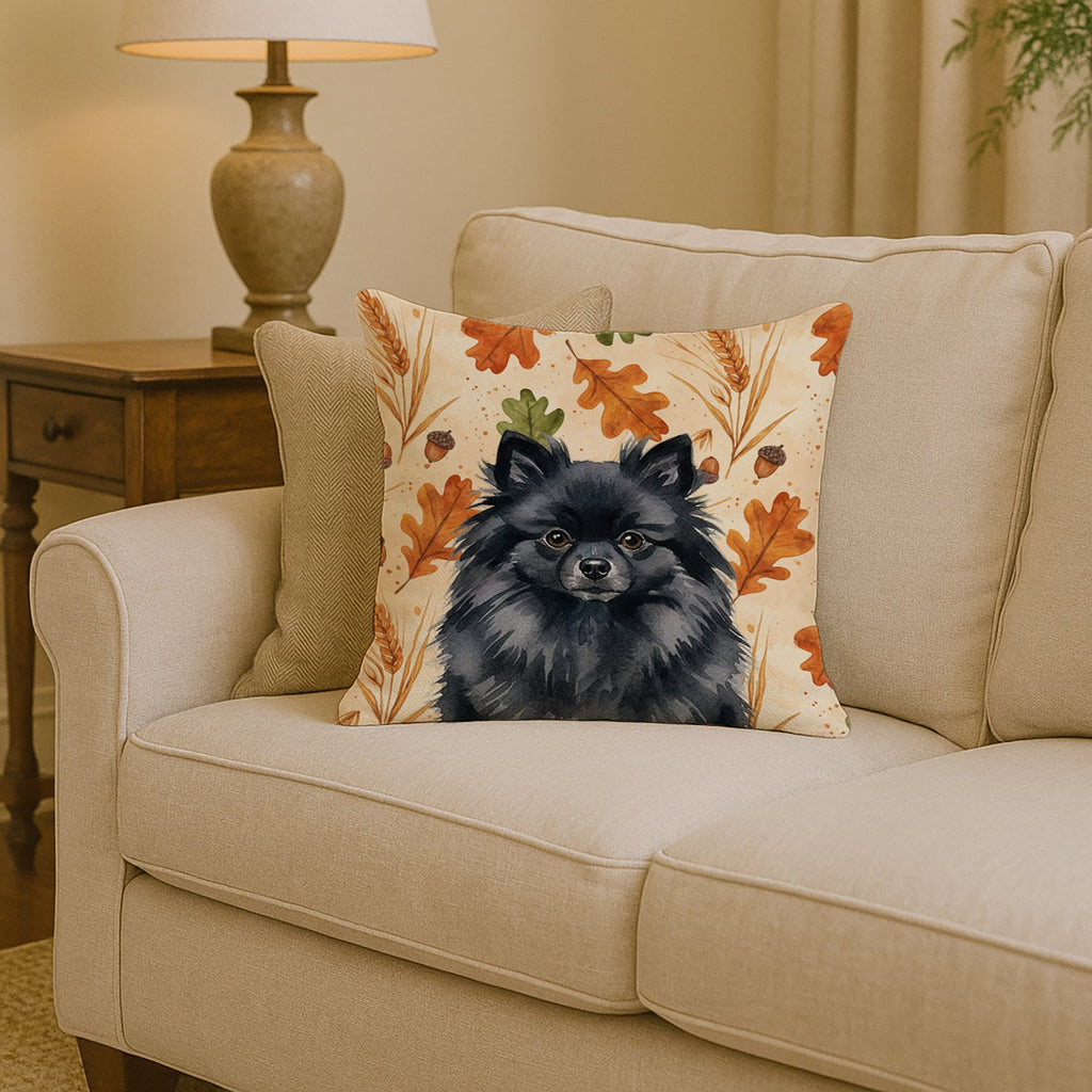 Black Pomeranian Heirloom Fall Decorative Throw Pillow 14x14 Indoor Outdoor Accent Cushion, Fabric Cover with Insert for Sofa, Bed, Porch & Living Room