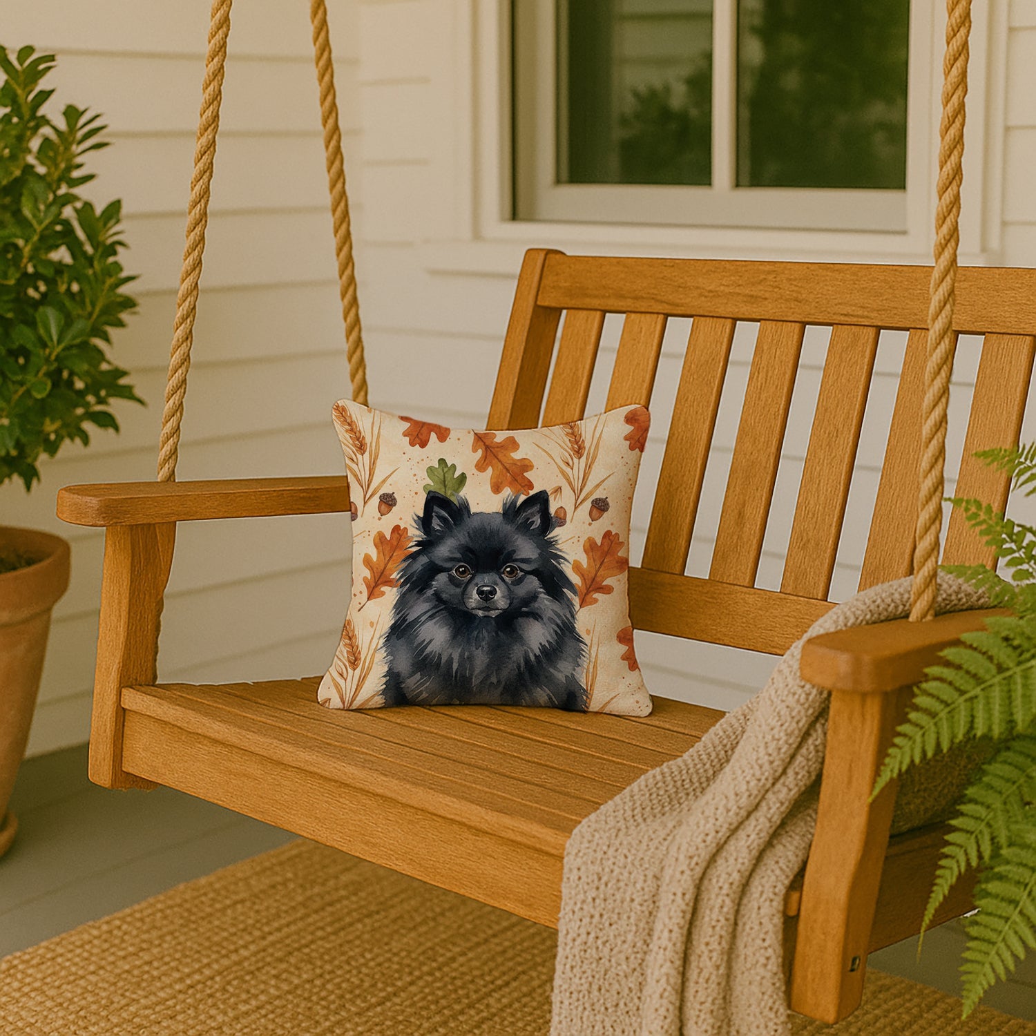 Black Pomeranian Heirloom Fall Decorative Throw Pillow 14x14 Indoor Outdoor Accent Cushion, Fabric Cover with Insert for Sofa, Bed, Porch & Living Room