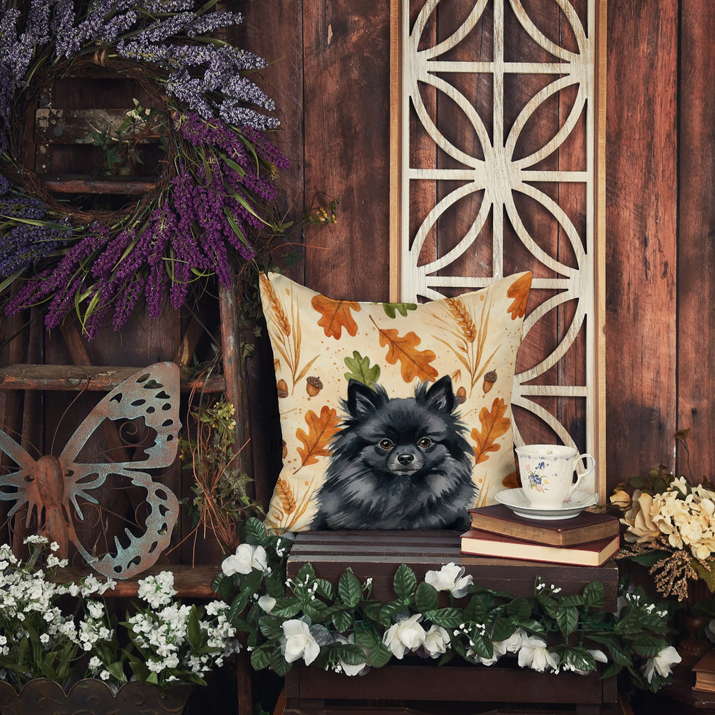 Black Pomeranian Heirloom Fall Decorative Throw Pillow 14x14 Indoor Outdoor Accent Cushion, Fabric Cover with Insert for Sofa, Bed, Porch & Living Room