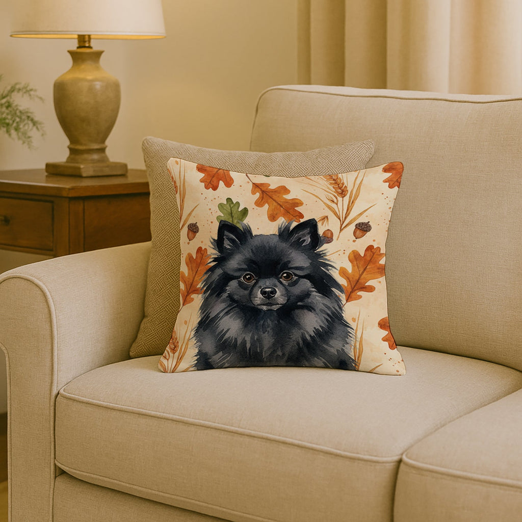 Black Pomeranian Heirloom Fall Decorative Throw Pillow 18x18 Indoor Outdoor Accent Cushion, Fabric Cover with Insert for Sofa, Bed, Porch & Living Room