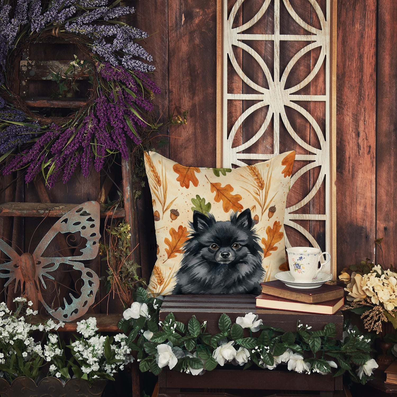 Black Pomeranian Heirloom Fall Decorative Throw Pillow 18x18 Indoor Outdoor Accent Cushion, Fabric Cover with Insert for Sofa, Bed, Porch & Living Room
