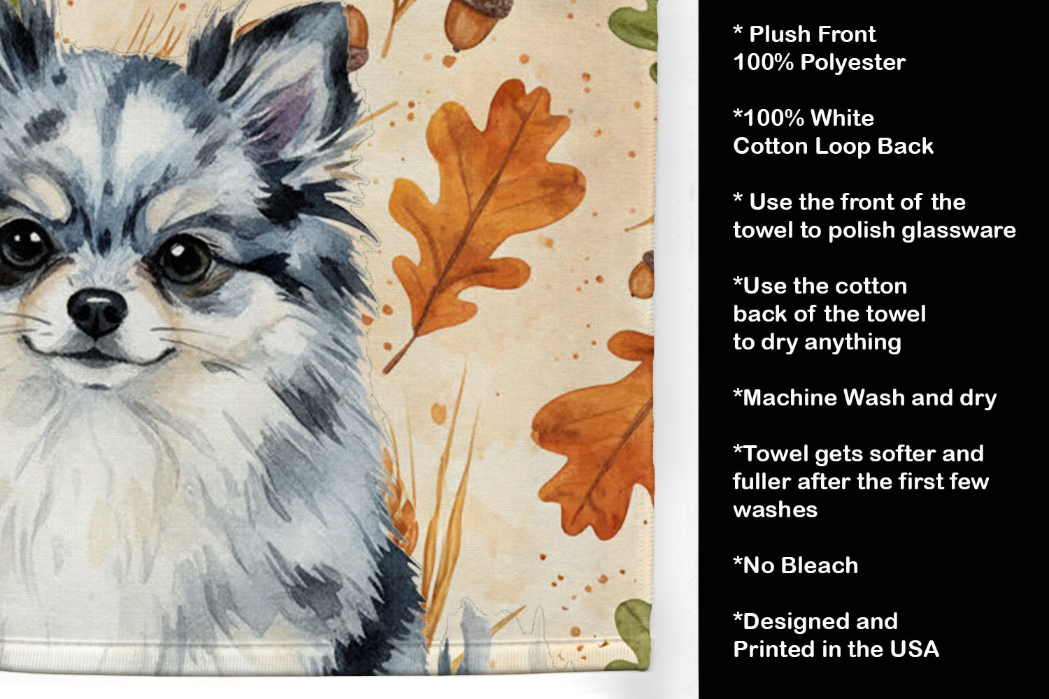Blue Merle Pomeranian Heirloom Fall Kitchen Towel Velour Plush Front and Cotton Loop Back Machine Washable
