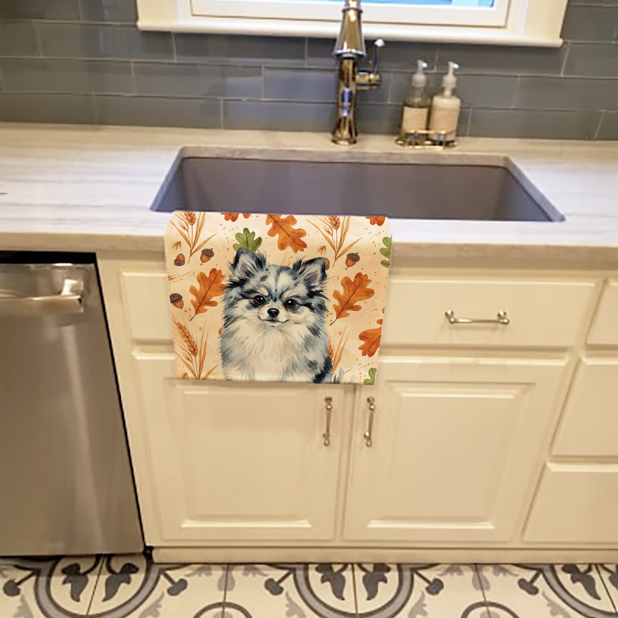 Blue Merle Pomeranian Heirloom Fall Kitchen Towel Velour Plush Front and Cotton Loop Back Machine Washable