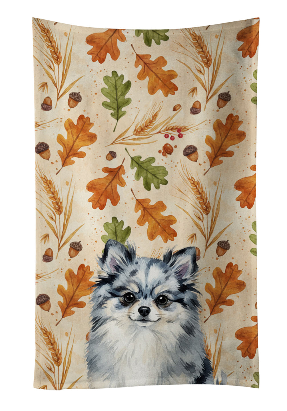 Blue Merle Pomeranian Heirloom Fall Kitchen Towel Velour Plush Front and Cotton Loop Back Machine Washable