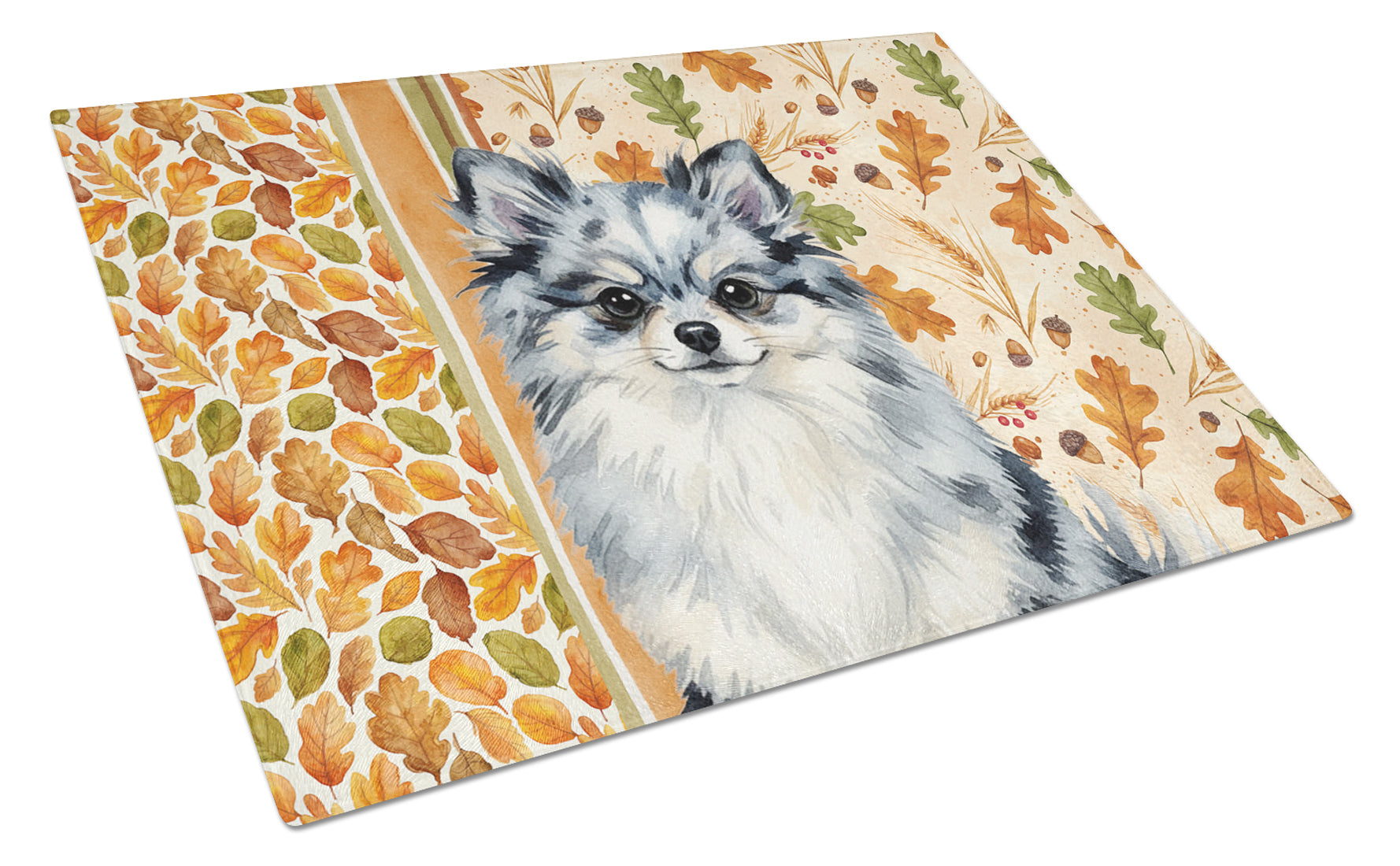 Blue Merle Pomeranian Heirloom Fall Cutting Board Tempered Glass Kitchen Cutting Surface, Heat Resistant Chopping, Non-Slip Feet, Food Prep & Serving