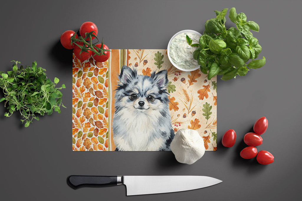 Blue Merle Pomeranian Heirloom Fall Cutting Board Tempered Glass Kitchen Cutting Surface, Heat Resistant Chopping, Non-Slip Feet, Food Prep & Serving