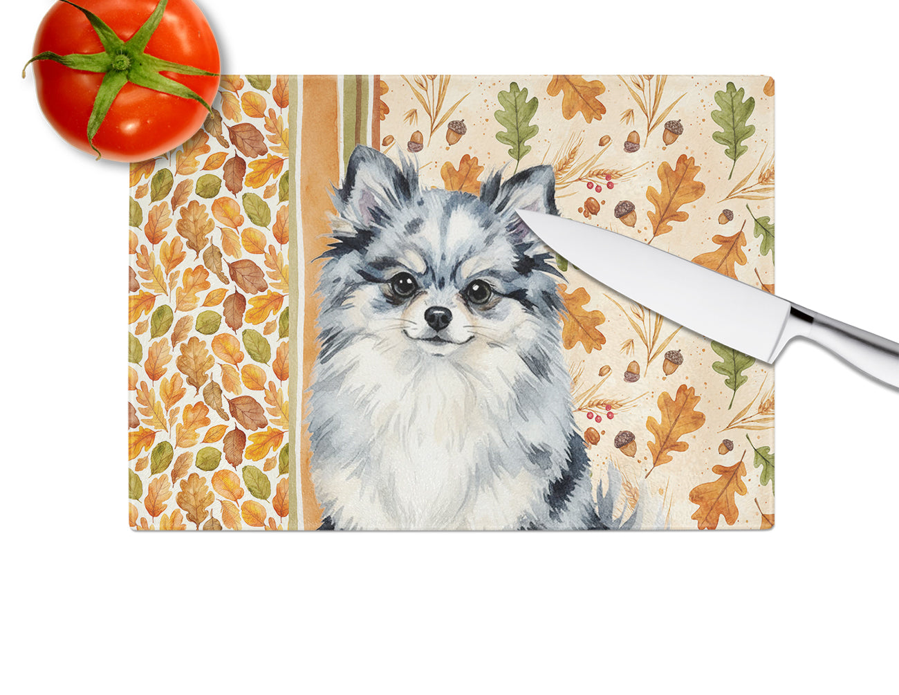 Blue Merle Pomeranian Heirloom Fall Cutting Board Tempered Glass Kitchen Cutting Surface, Heat Resistant Chopping, Non-Slip Feet, Food Prep & Serving