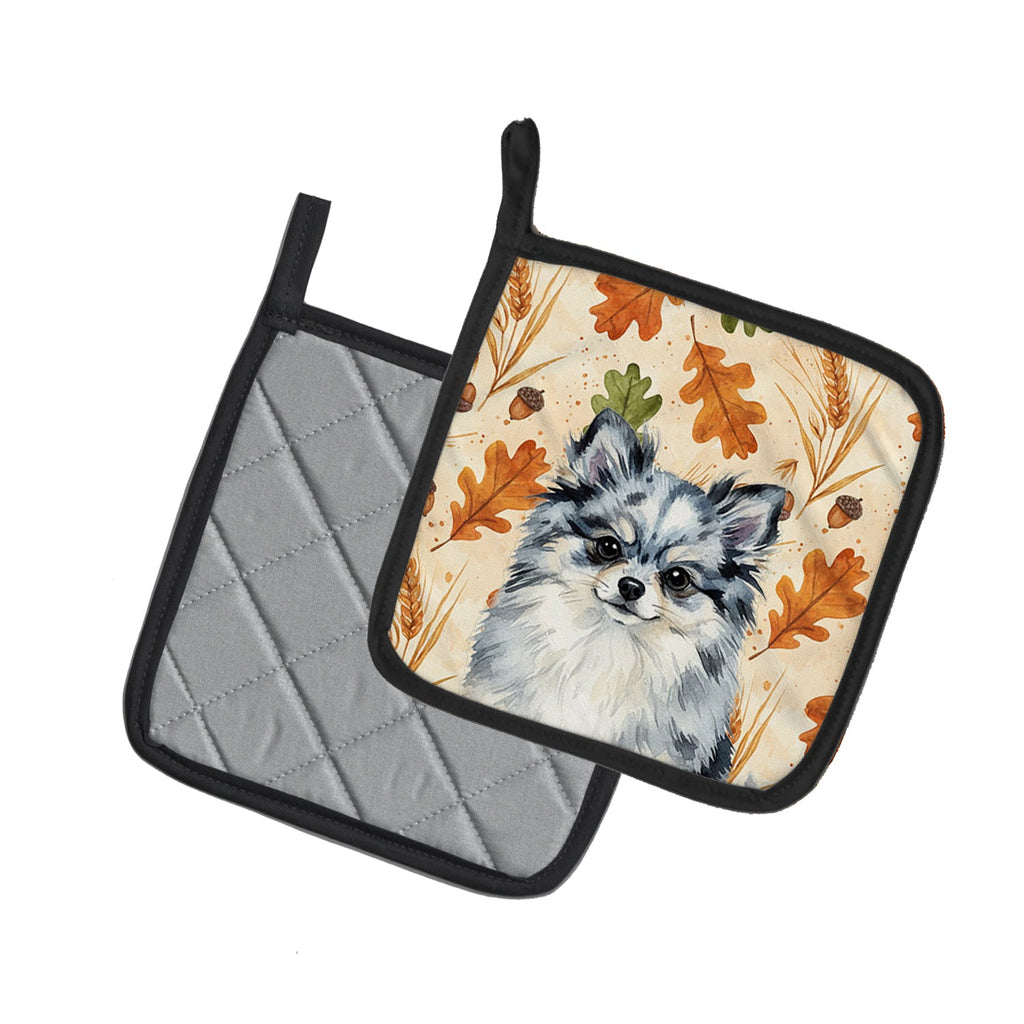 Blue Merle Pomeranian Heirloom Fall Pot Holder Set of 2 Heat Resistant Quilted Hot Pads 7.5 x 7.5 Inch, Insulated Kitchen Trivets for Cooking & Baking