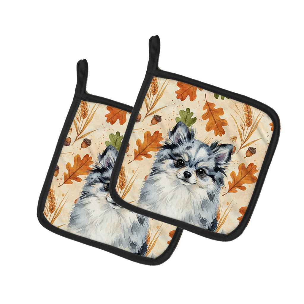 Blue Merle Pomeranian Heirloom Fall Pot Holder Set of 2 Heat Resistant Quilted Hot Pads 7.5 x 7.5 Inch, Insulated Kitchen Trivets for Cooking & Baking