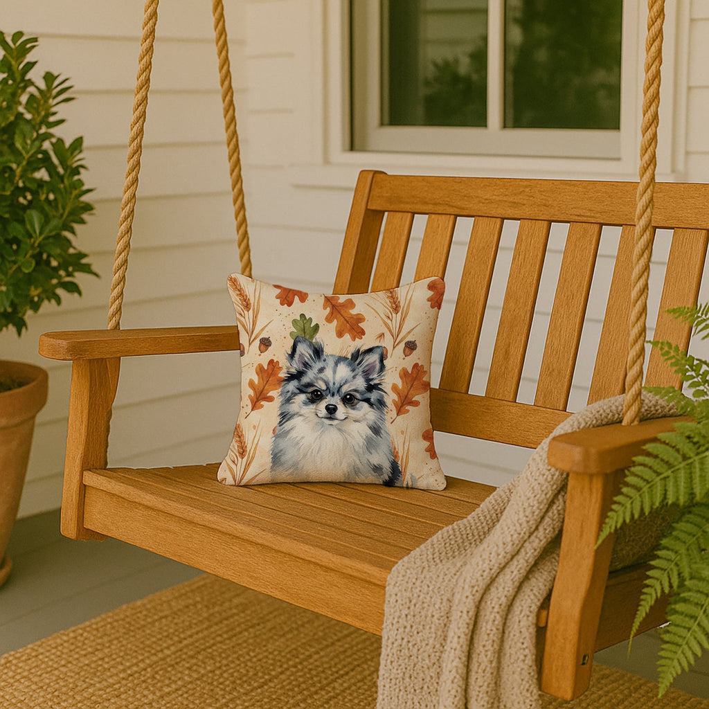 Blue Merle Pomeranian Heirloom Fall Decorative Throw Pillow 14x14 Indoor Outdoor Accent Cushion, Fabric Cover with Insert for Sofa, Bed, Porch & Living Room