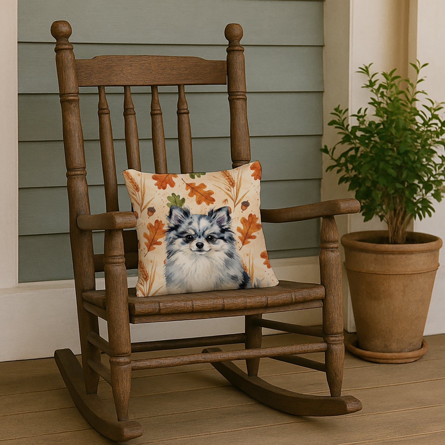 Blue Merle Pomeranian Heirloom Fall Decorative Throw Pillow 14x14 Indoor Outdoor Accent Cushion, Fabric Cover with Insert for Sofa, Bed, Porch & Living Room