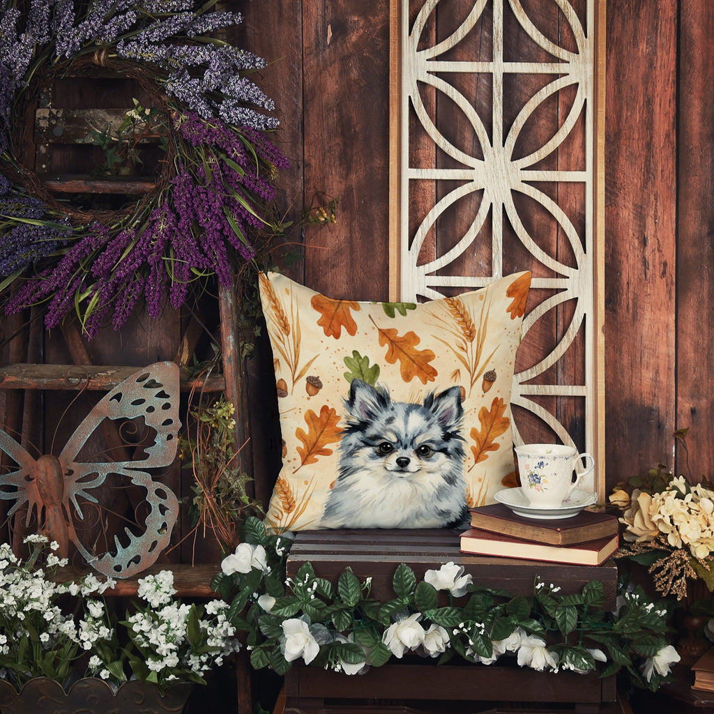 Blue Merle Pomeranian Heirloom Fall Decorative Throw Pillow 14x14 Indoor Outdoor Accent Cushion, Fabric Cover with Insert for Sofa, Bed, Porch & Living Room