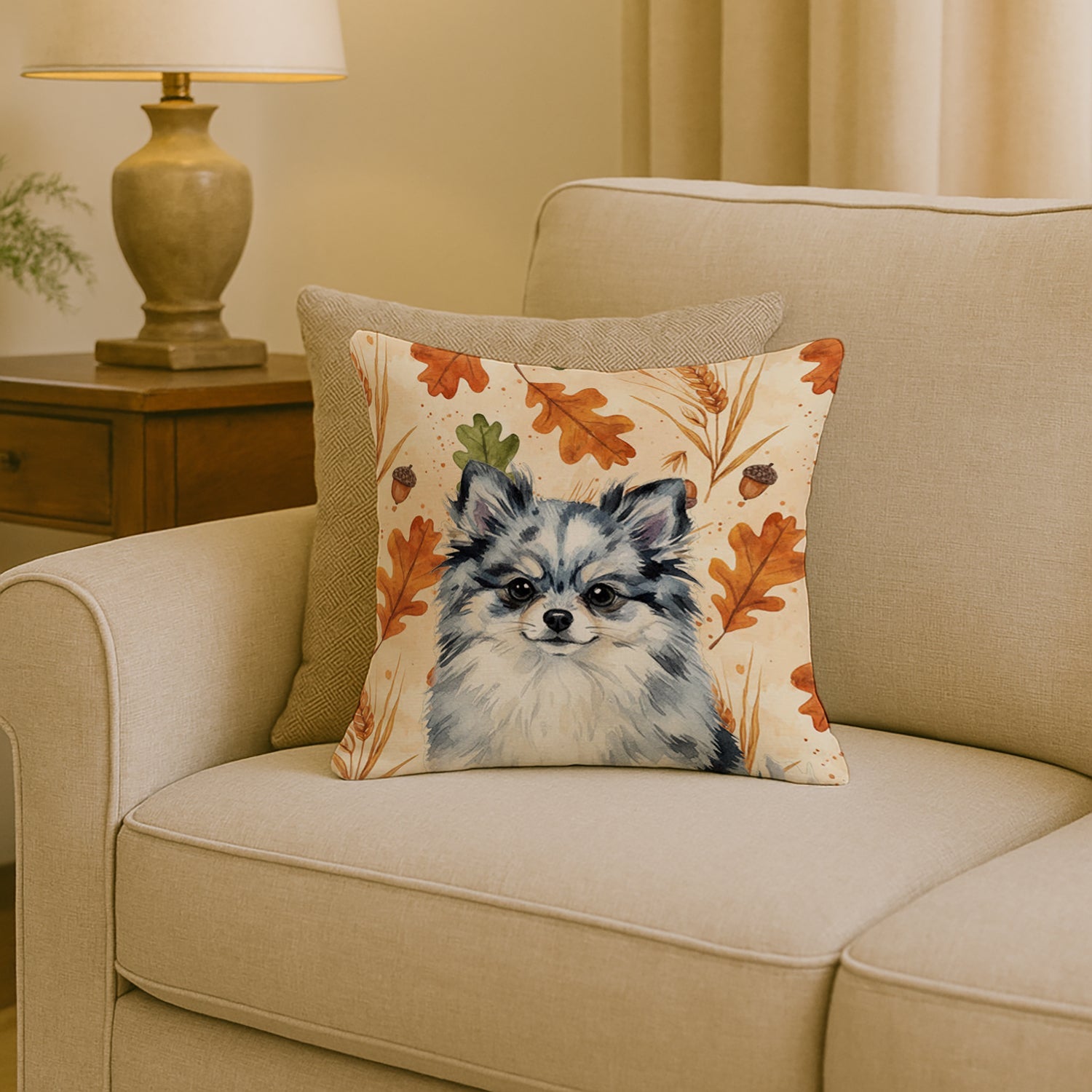 Blue Merle Pomeranian Heirloom Fall Decorative Throw Pillow 18x18 Indoor Outdoor Accent Cushion, Fabric Cover with Insert for Sofa, Bed, Porch & Living Room