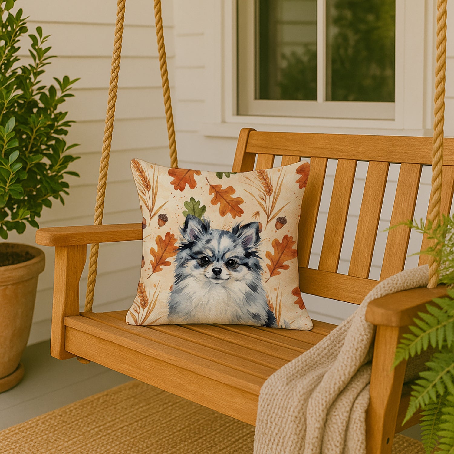 Blue Merle Pomeranian Heirloom Fall Decorative Throw Pillow 18x18 Indoor Outdoor Accent Cushion, Fabric Cover with Insert for Sofa, Bed, Porch & Living Room