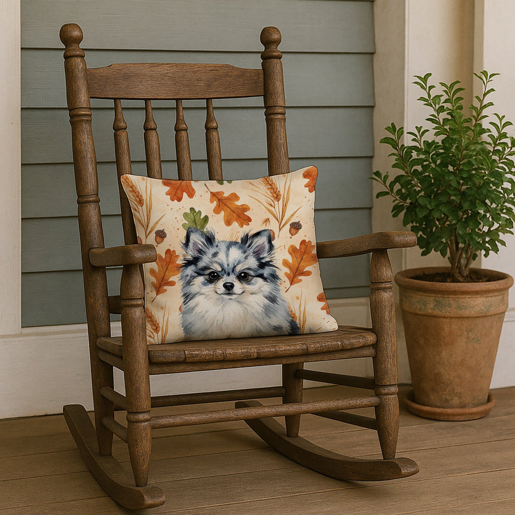 Blue Merle Pomeranian Heirloom Fall Decorative Throw Pillow 18x18 Indoor Outdoor Accent Cushion, Fabric Cover with Insert for Sofa, Bed, Porch & Living Room