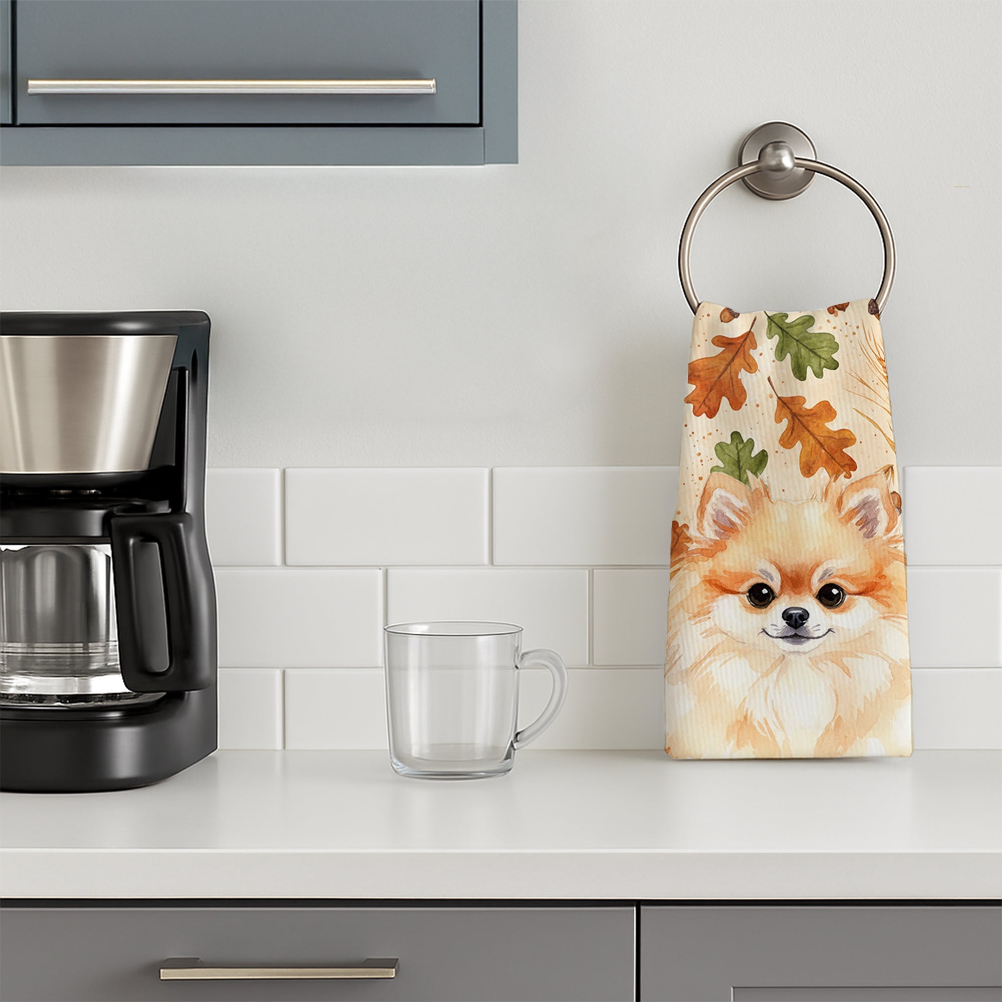 Pomeranian Heirloom Fall Kitchen Towel Velour Plush Front and Cotton Loop Back Machine Washable