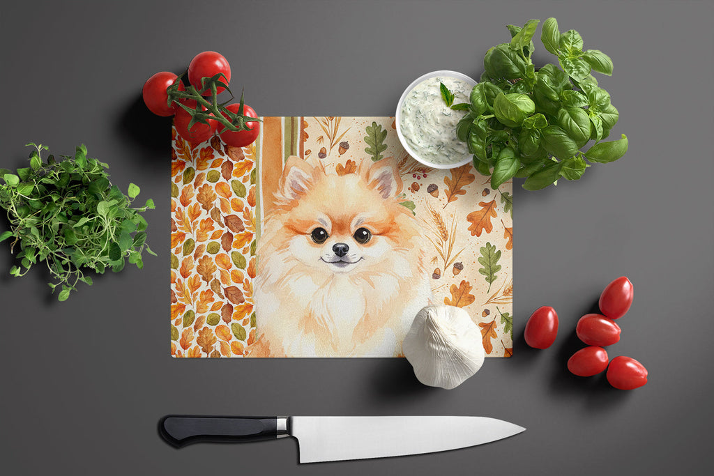 Pomeranian Heirloom Fall Cutting Board Tempered Glass Kitchen Cutting Surface, Heat Resistant Chopping, Non-Slip Feet, Food Prep & Serving