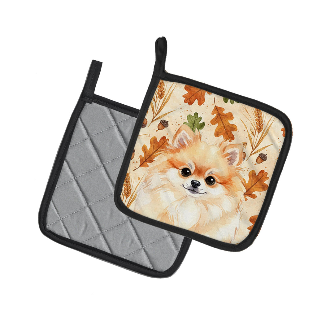 Pomeranian Heirloom Fall Pot Holder Set of 2 Heat Resistant Quilted Hot Pads 7.5 x 7.5 Inch, Insulated Kitchen Trivets for Cooking & Baking