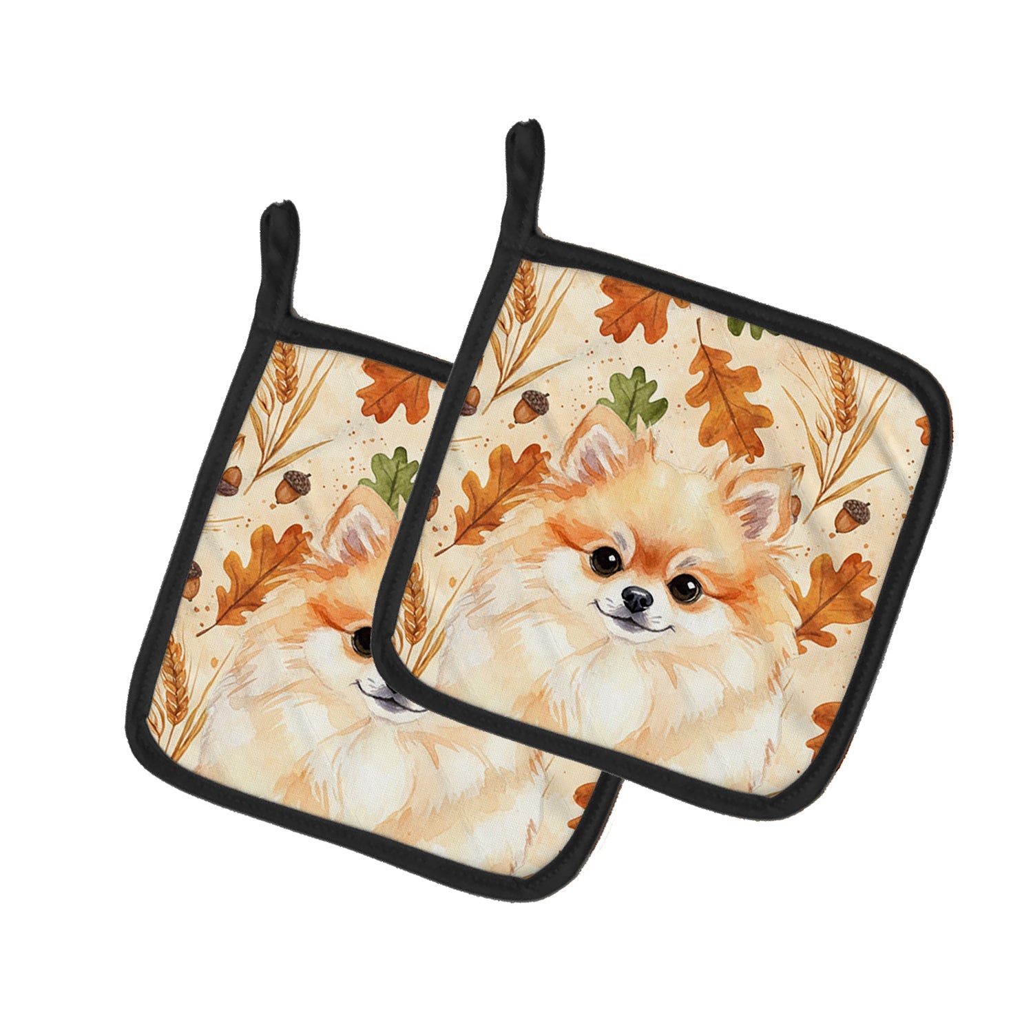 Pomeranian Heirloom Fall Pot Holder Set of 2 Heat Resistant Quilted Hot Pads 7.5 x 7.5 Inch, Insulated Kitchen Trivets for Cooking & Baking