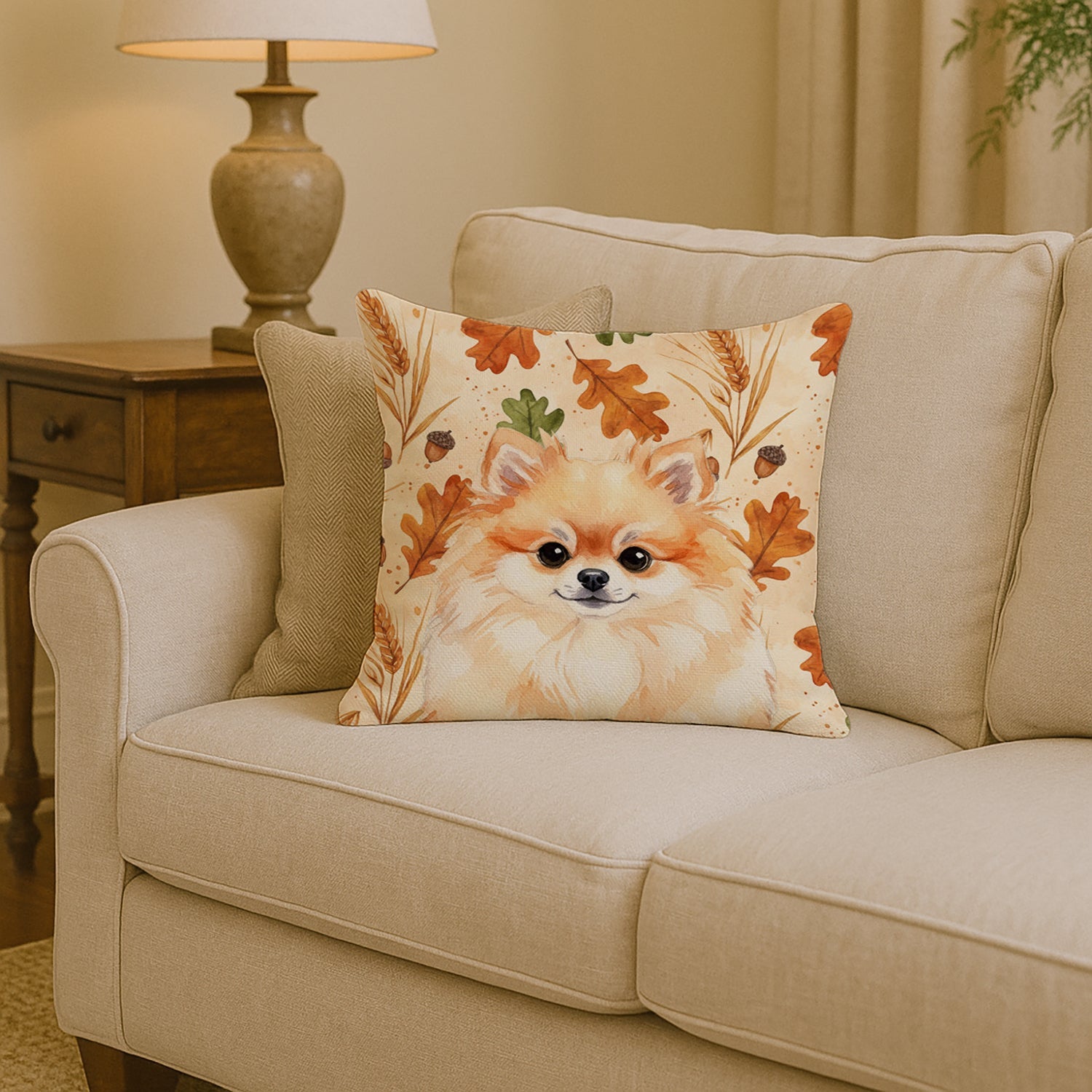 Pomeranian Heirloom Fall Decorative Throw Pillow 14x14 Indoor Outdoor Accent Cushion, Fabric Cover with Insert for Sofa, Bed, Porch & Living Room