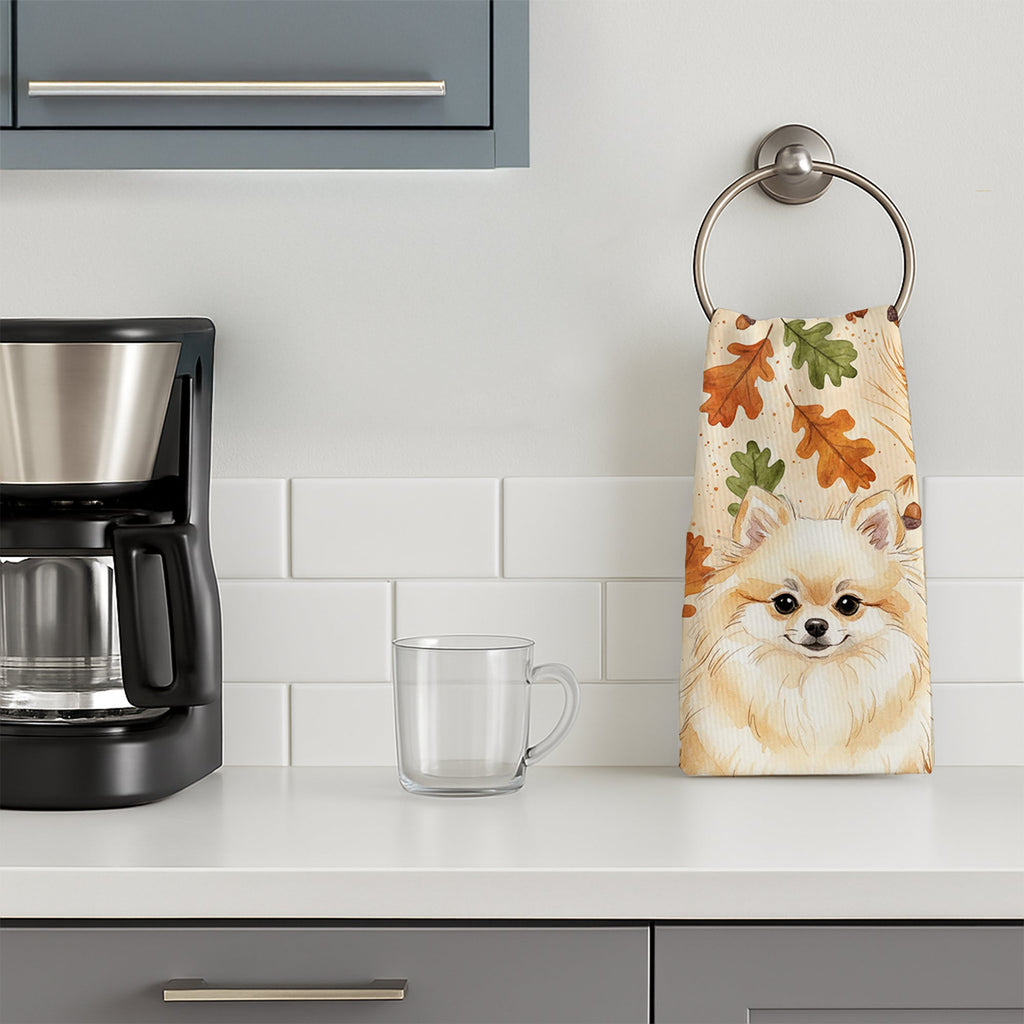 Cream Pomeranian Heirloom Fall Kitchen Towel Velour Plush Front and Cotton Loop Back Machine Washable