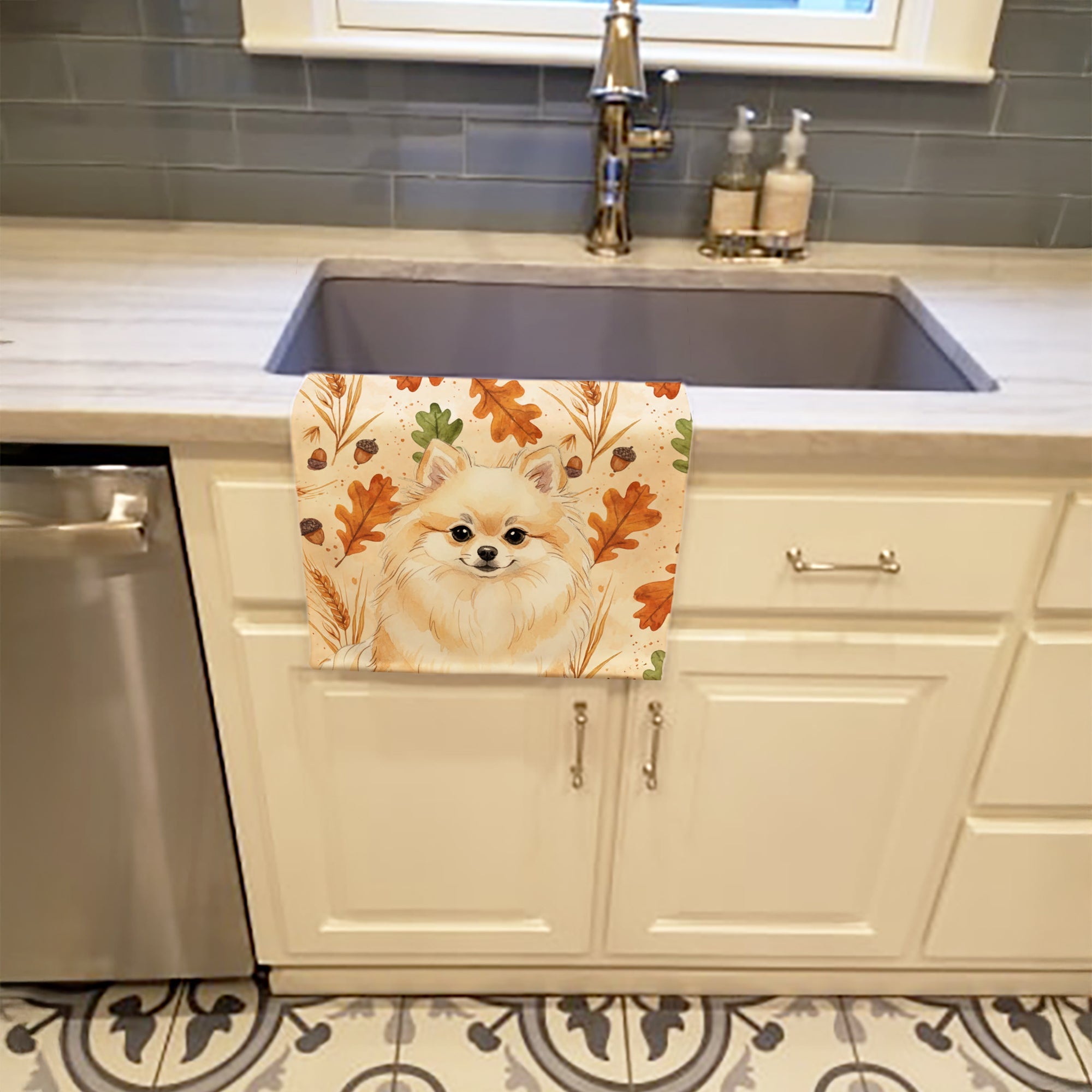 Cream Pomeranian Heirloom Fall Kitchen Towel Velour Plush Front and Cotton Loop Back Machine Washable