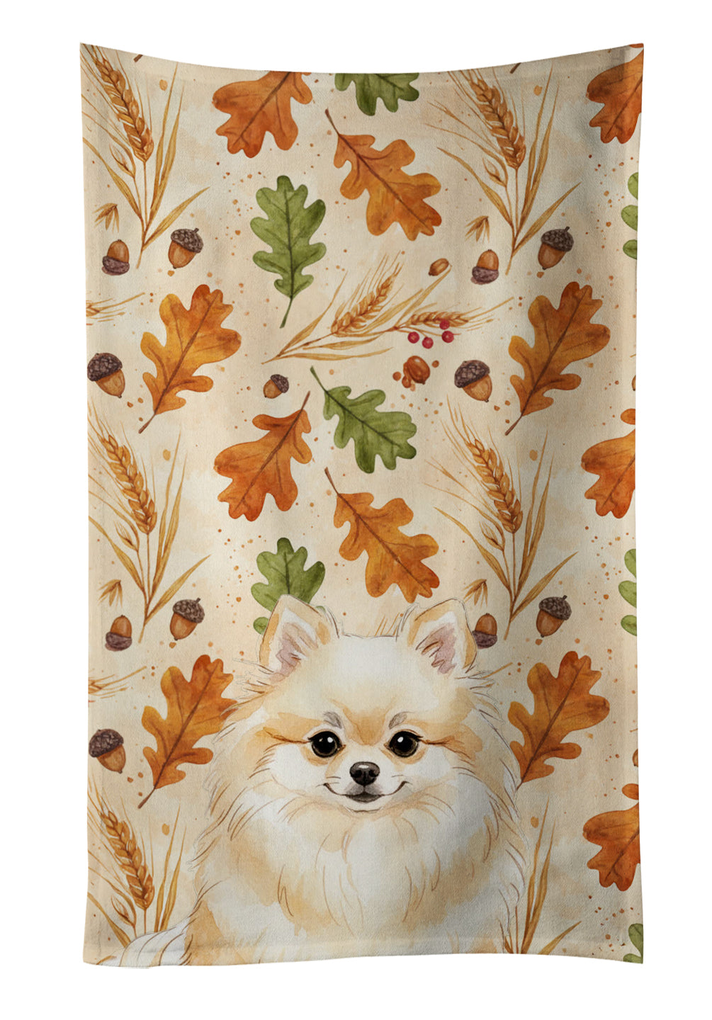 Cream Pomeranian Heirloom Fall Kitchen Towel Velour Plush Front and Cotton Loop Back Machine Washable