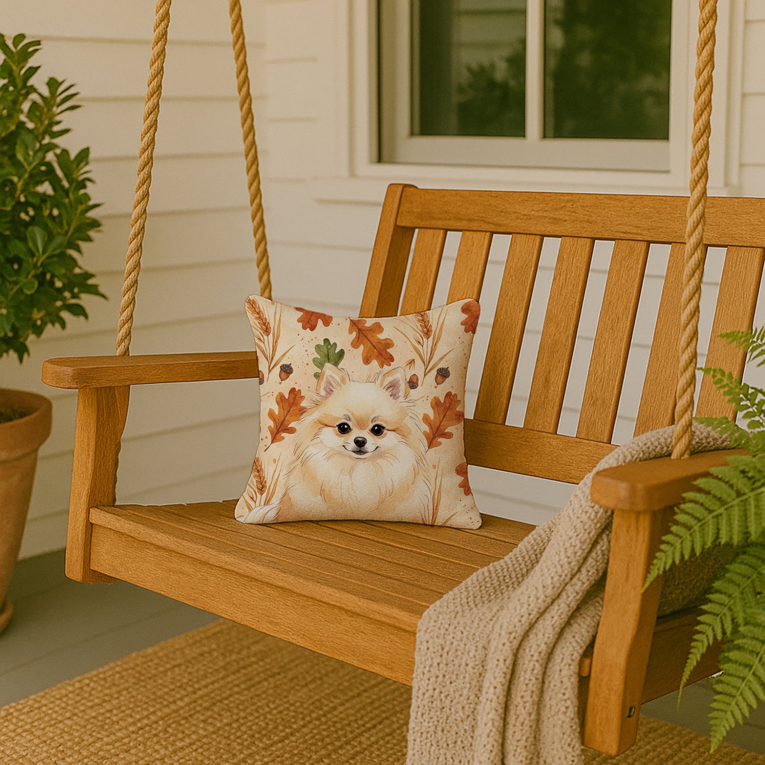Cream Pomeranian Heirloom Fall Decorative Throw Pillow 14x14 Indoor Outdoor Accent Cushion, Fabric Cover with Insert for Sofa, Bed, Porch & Living Room