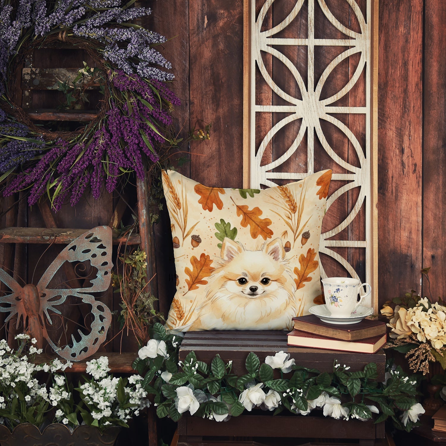 Cream Pomeranian Heirloom Fall Decorative Throw Pillow 14x14 Indoor Outdoor Accent Cushion, Fabric Cover with Insert for Sofa, Bed, Porch & Living Room