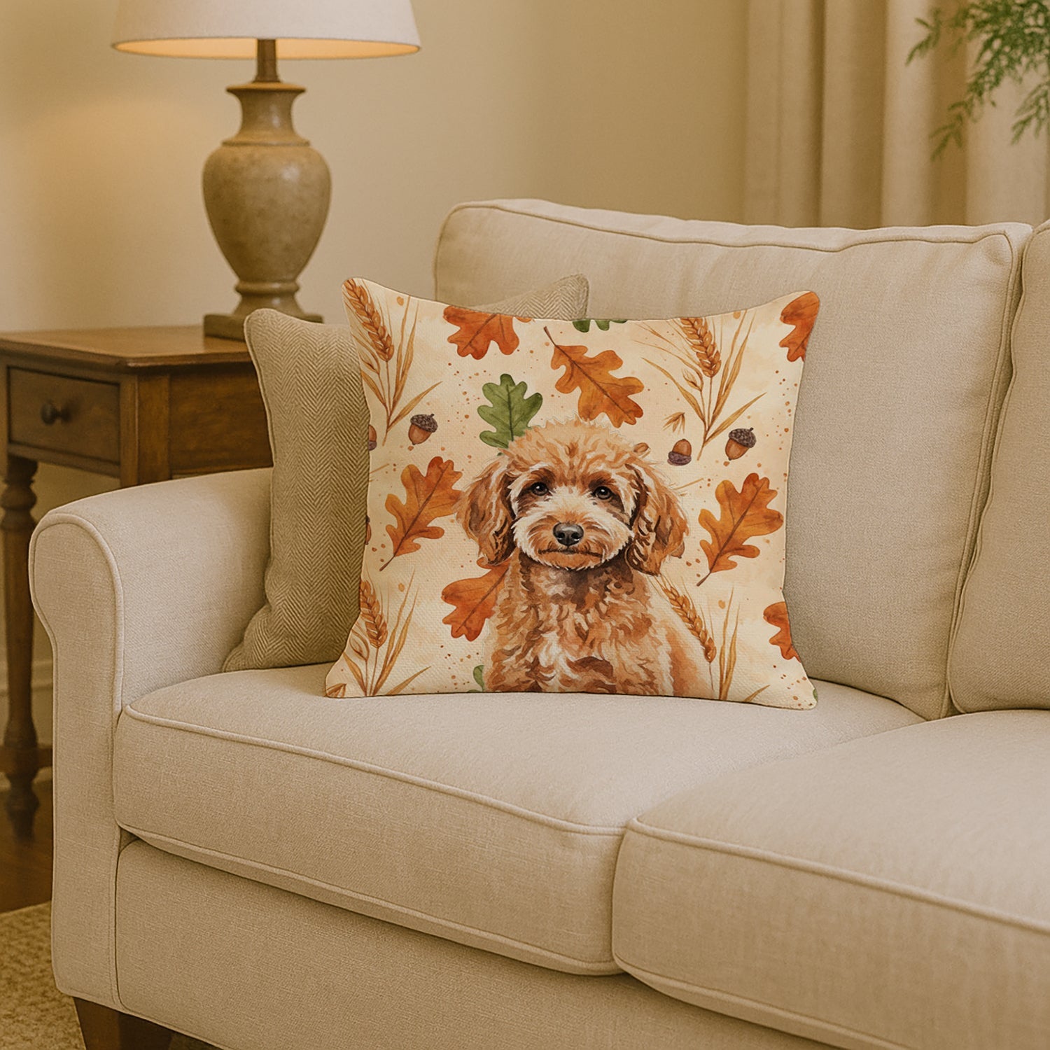 Miniature Apricot Poodle Heirloom Fall Decorative Throw Pillow 14x14 Indoor Outdoor Accent Cushion, Fabric Cover with Insert for Sofa, Bed, Porch & Living Room