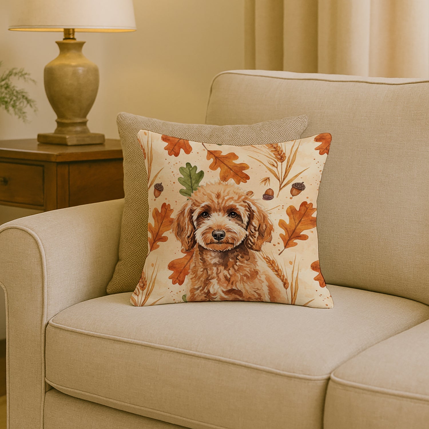 Miniature Apricot Poodle Heirloom Fall Decorative Throw Pillow 18x18 Indoor Outdoor Accent Cushion, Fabric Cover with Insert for Sofa, Bed, Porch & Living Room