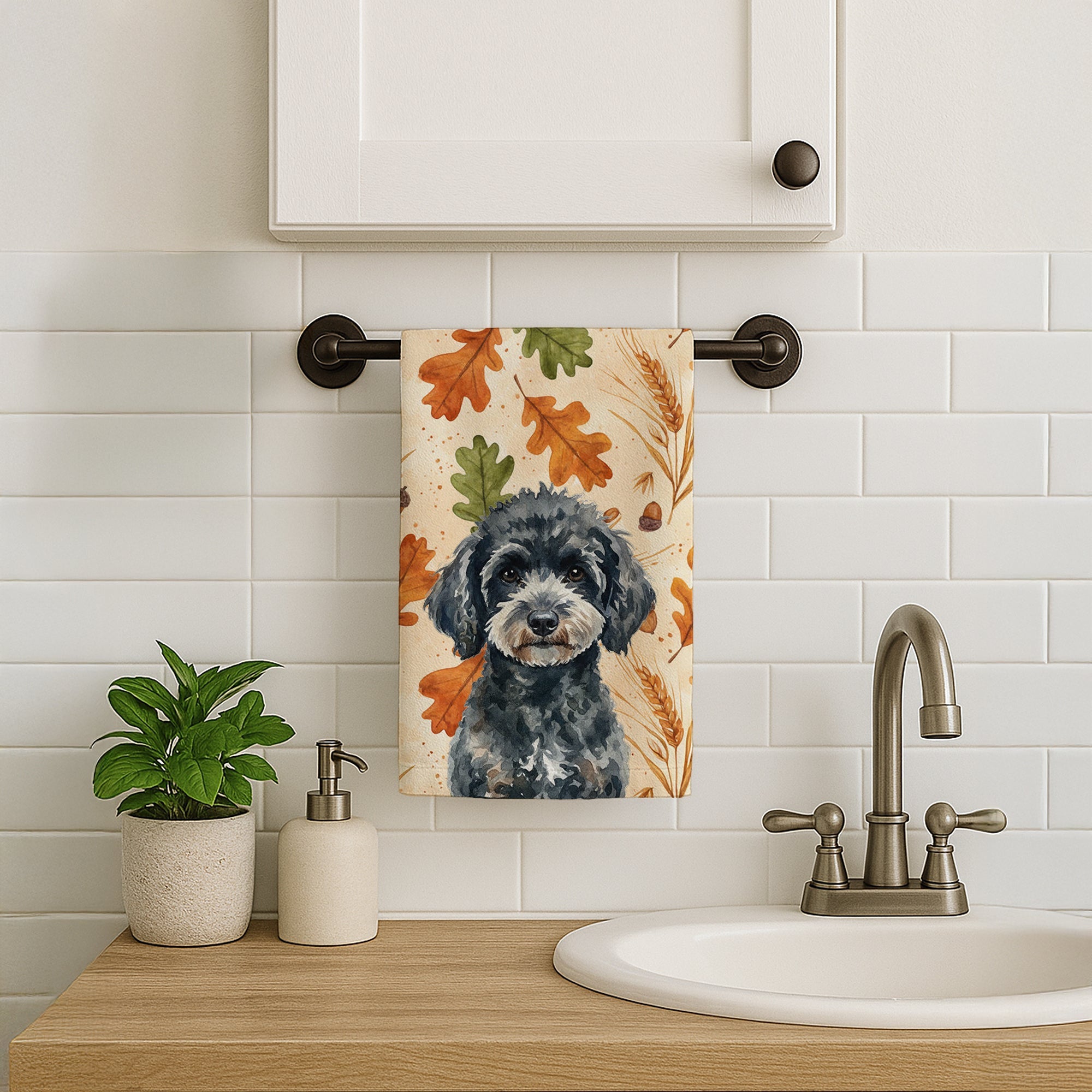 Miniature Black Poodle Heirloom Fall Kitchen Towel Velour Plush Front and Cotton Loop Back Machine Washable