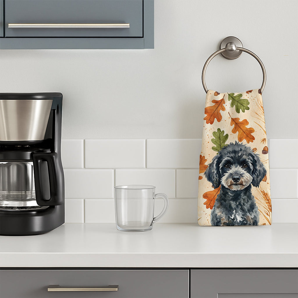 Miniature Black Poodle Heirloom Fall Kitchen Towel Velour Plush Front and Cotton Loop Back Machine Washable