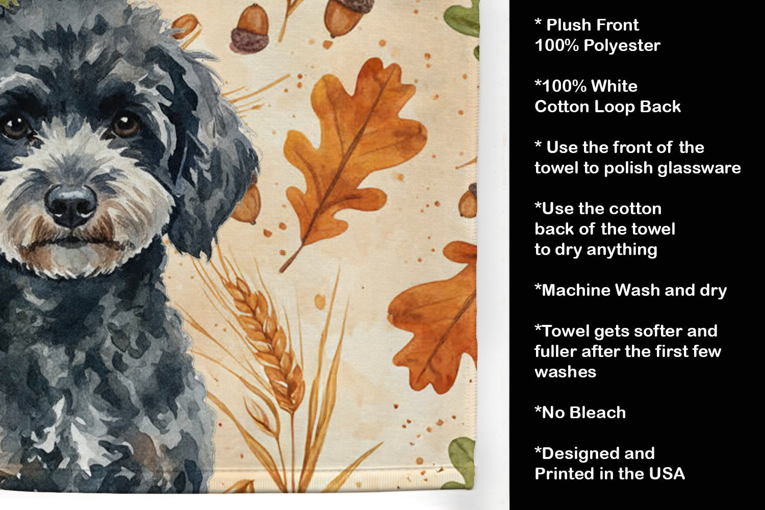 Miniature Black Poodle Heirloom Fall Kitchen Towel Velour Plush Front and Cotton Loop Back Machine Washable