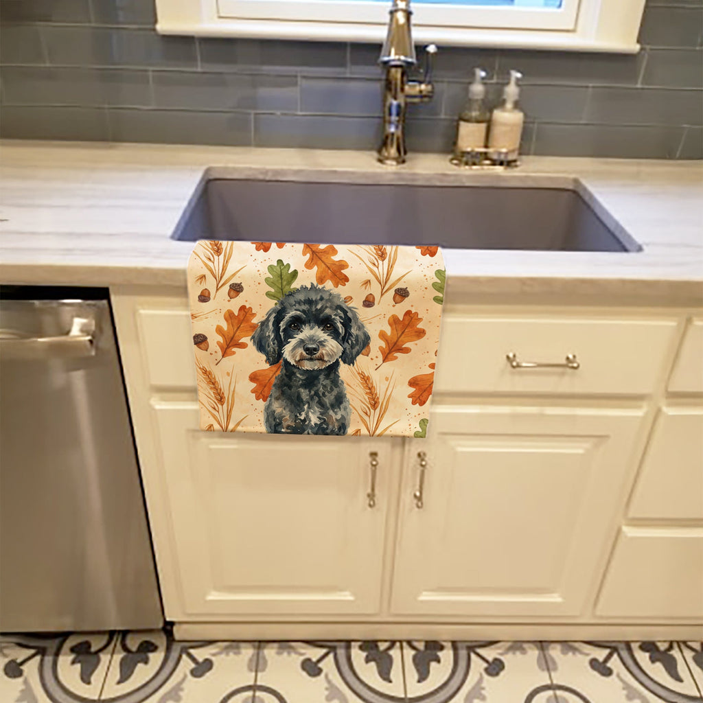 Miniature Black Poodle Heirloom Fall Kitchen Towel Velour Plush Front and Cotton Loop Back Machine Washable