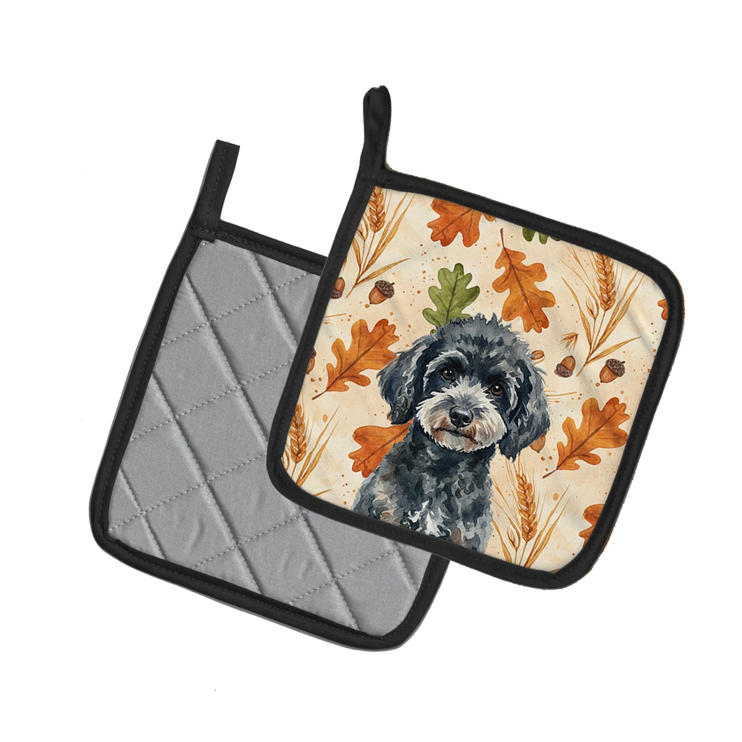 Miniature Black Poodle Heirloom Fall Pot Holder Set of 2 Heat Resistant Quilted Hot Pads 7.5 x 7.5 Inch, Insulated Kitchen Trivets for Cooking & Baking