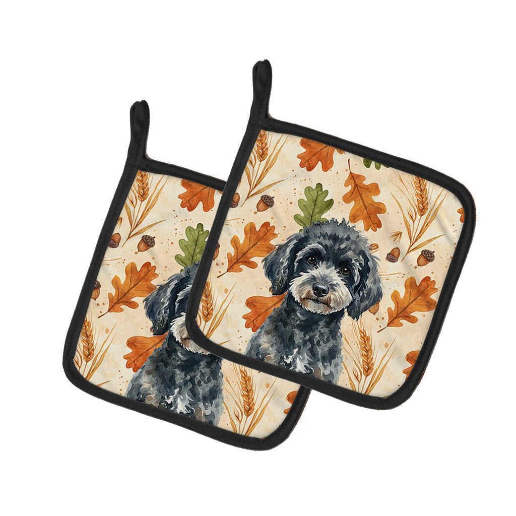 Miniature Black Poodle Heirloom Fall Pot Holder Set of 2 Heat Resistant Quilted Hot Pads 7.5 x 7.5 Inch, Insulated Kitchen Trivets for Cooking & Baking