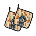 Miniature Black Poodle Heirloom Fall Pot Holder Set of 2 Heat Resistant Quilted Hot Pads 7.5 x 7.5 Inch, Insulated Kitchen Trivets for Cooking & Baking