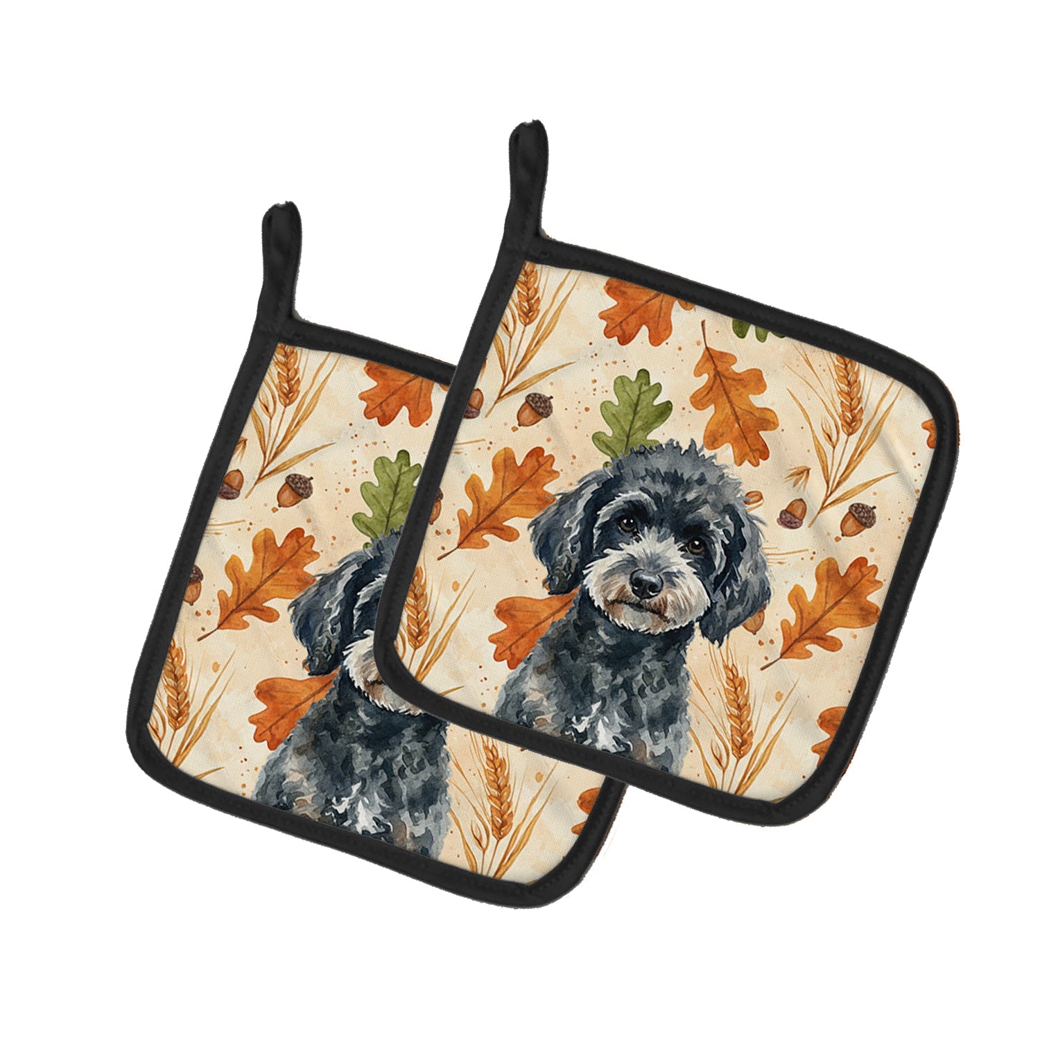 Miniature Black Poodle Heirloom Fall Pot Holder Set of 2 Heat Resistant Quilted Hot Pads 7.5 x 7.5 Inch, Insulated Kitchen Trivets for Cooking & Baking