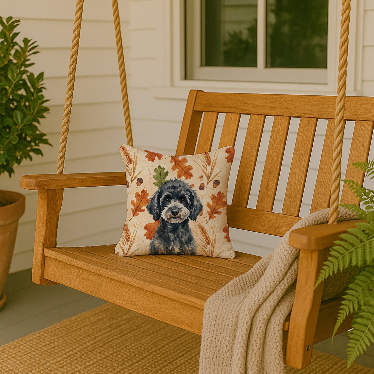 Miniature Black Poodle Heirloom Fall Decorative Throw Pillow 14x14 Indoor Outdoor Accent Cushion, Fabric Cover with Insert for Sofa, Bed, Porch & Living Room