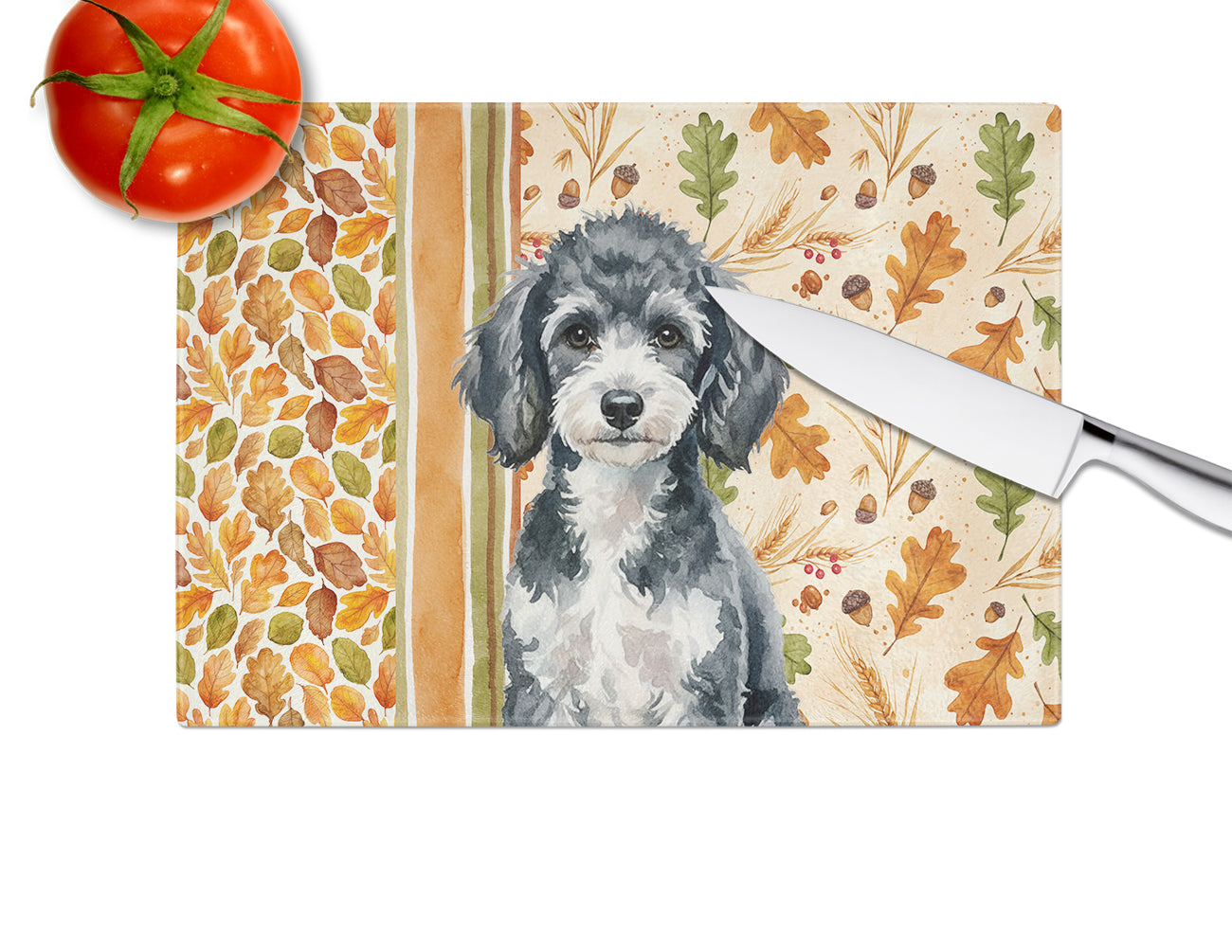 Miniature Parti Poodle Heirloom Fall Cutting Board Tempered Glass Kitchen Cutting Surface, Heat Resistant Chopping, Non-Slip Feet, Food Prep & Serving