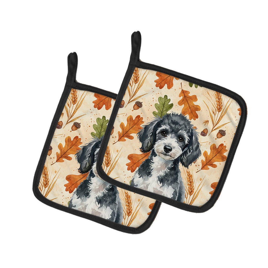Miniature Parti Poodle Heirloom Fall Pot Holder Set of 2 Heat Resistant Quilted Hot Pads 7.5 x 7.5 Inch, Insulated Kitchen Trivets for Cooking & Baking