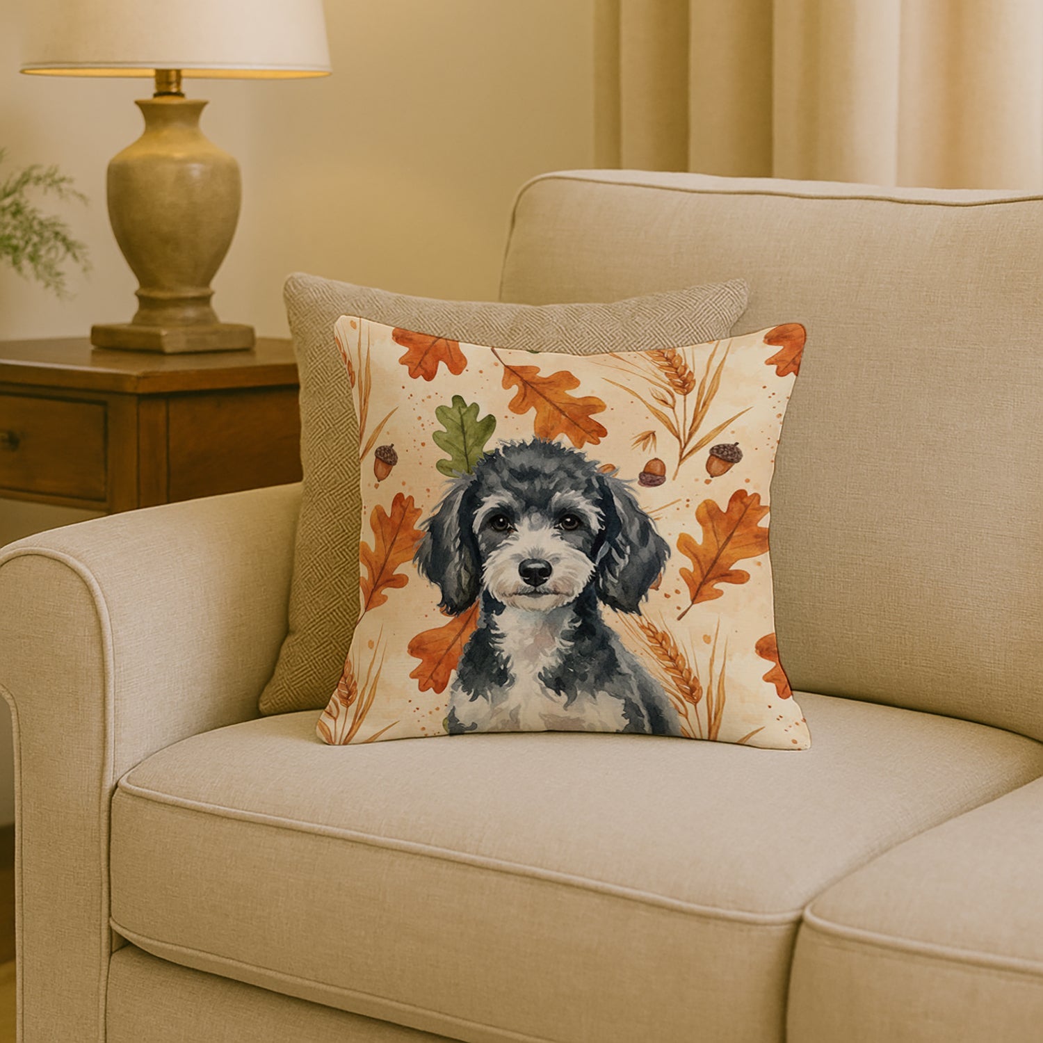 Miniature Parti Poodle Heirloom Fall Decorative Throw Pillow 18x18 Indoor Outdoor Accent Cushion, Fabric Cover with Insert for Sofa, Bed, Porch & Living Room