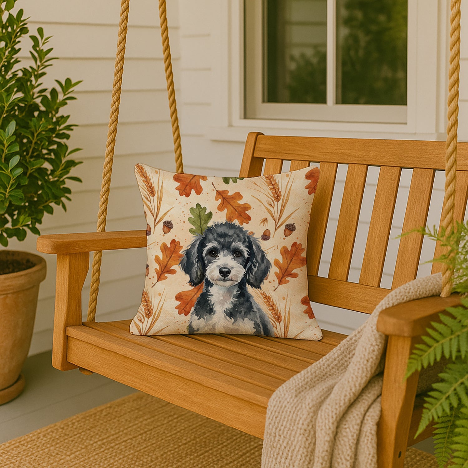Miniature Parti Poodle Heirloom Fall Decorative Throw Pillow 18x18 Indoor Outdoor Accent Cushion, Fabric Cover with Insert for Sofa, Bed, Porch & Living Room