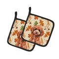 Miniature Red Poodle Heirloom Fall Pot Holder Set of 2 Heat Resistant Quilted Hot Pads 7.5 x 7.5 Inch, Insulated Kitchen Trivets for Cooking & Baking