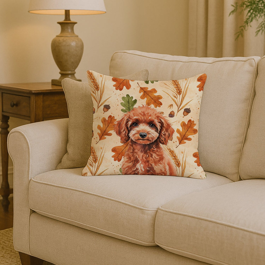 Miniature Red Poodle Heirloom Fall Decorative Throw Pillow 14x14 Indoor Outdoor Accent Cushion, Fabric Cover with Insert for Sofa, Bed, Porch & Living Room