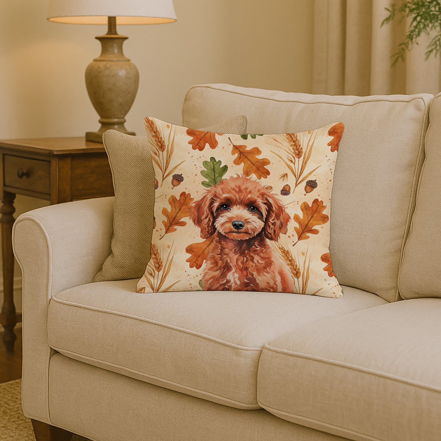 Miniature Red Poodle Heirloom Fall Decorative Throw Pillow 14x14 Indoor Outdoor Accent Cushion, Fabric Cover with Insert for Sofa, Bed, Porch & Living Room