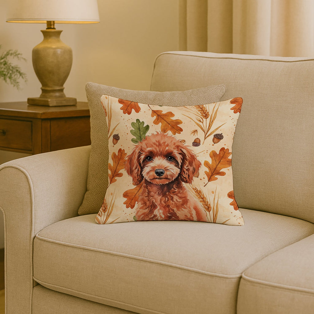 Miniature Red Poodle Heirloom Fall Decorative Throw Pillow 18x18 Indoor Outdoor Accent Cushion, Fabric Cover with Insert for Sofa, Bed, Porch & Living Room
