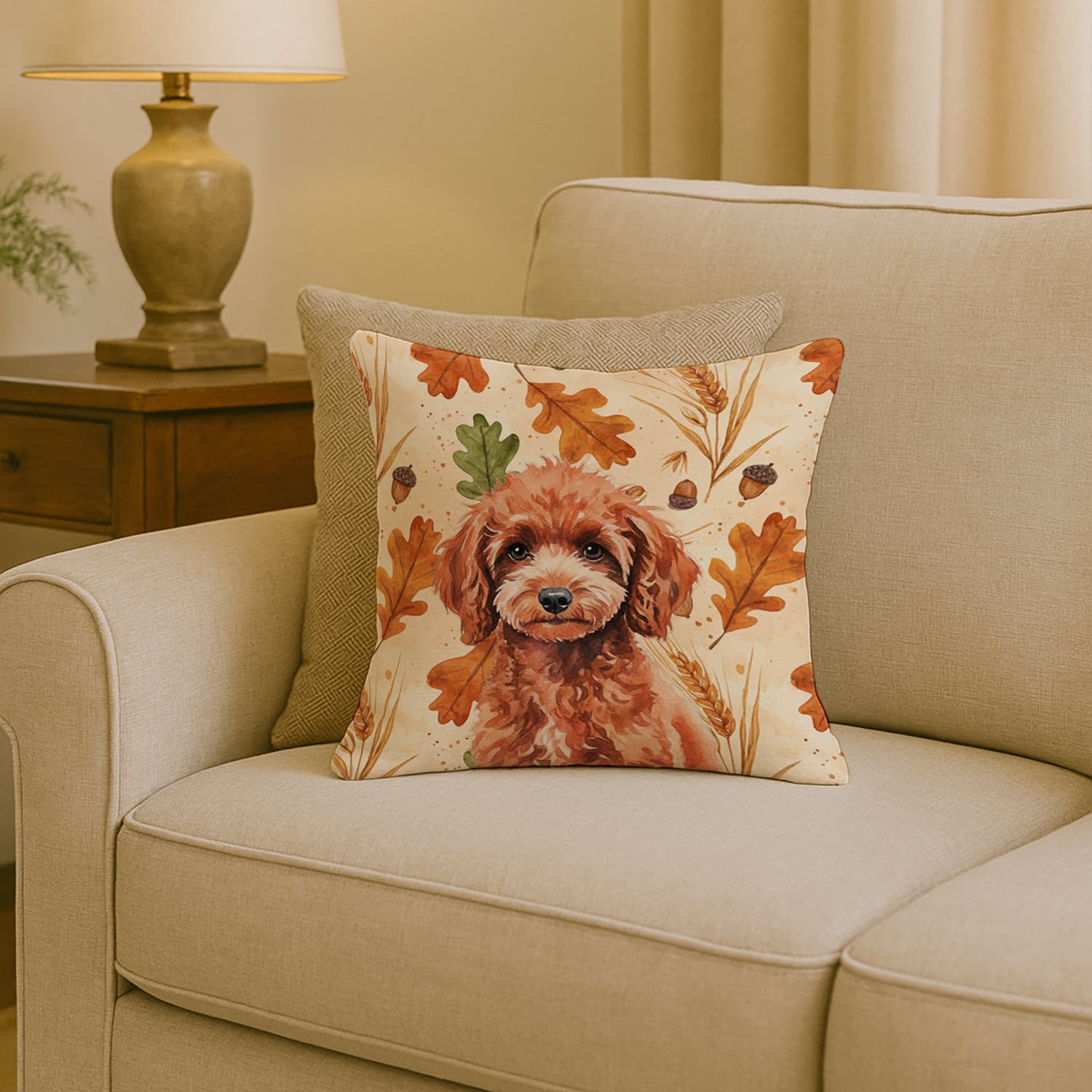 Miniature Red Poodle Heirloom Fall Decorative Throw Pillow 18x18 Indoor Outdoor Accent Cushion, Fabric Cover with Insert for Sofa, Bed, Porch & Living Room